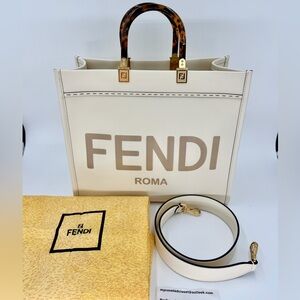 Fendi Cream Sunshine Shopper Tote Two Way w/Tortoiseshell Handles Entrupy COA
